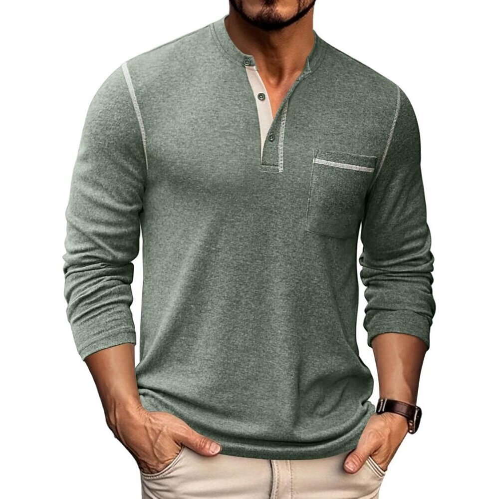 Coofandy Men Green Henley Long Sleeve Pullover Button T-Shirt  with Pocket